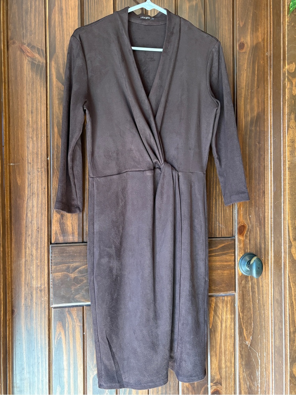 Chocolaty Brown Faux-Suede Wrap-Style Midi Dress